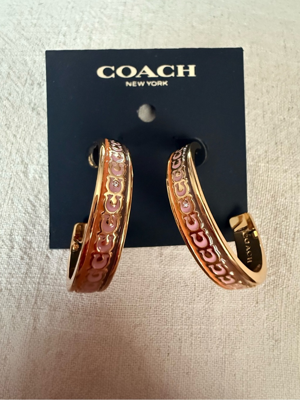 Coach Gold-Tone Hoop Earrings with Pink Enamel Signature C Motif